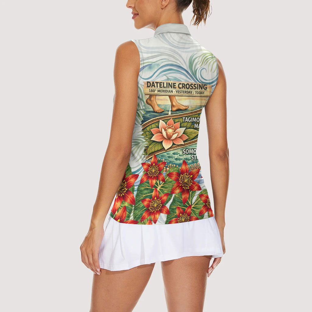 Fiji Taveuni Island Dateline Crossing Women Sleeveless Polo Shirt Tropical Cultural Landscape With Tagimoucia Floral Pattern TS04 - Polynesian Pride