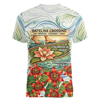 Fiji Taveuni Island Dateline Crossing Women V-Neck T-Shirt Tropical Cultural Landscape With Tagimoucia Floral Pattern TS04 - Polynesian Pride