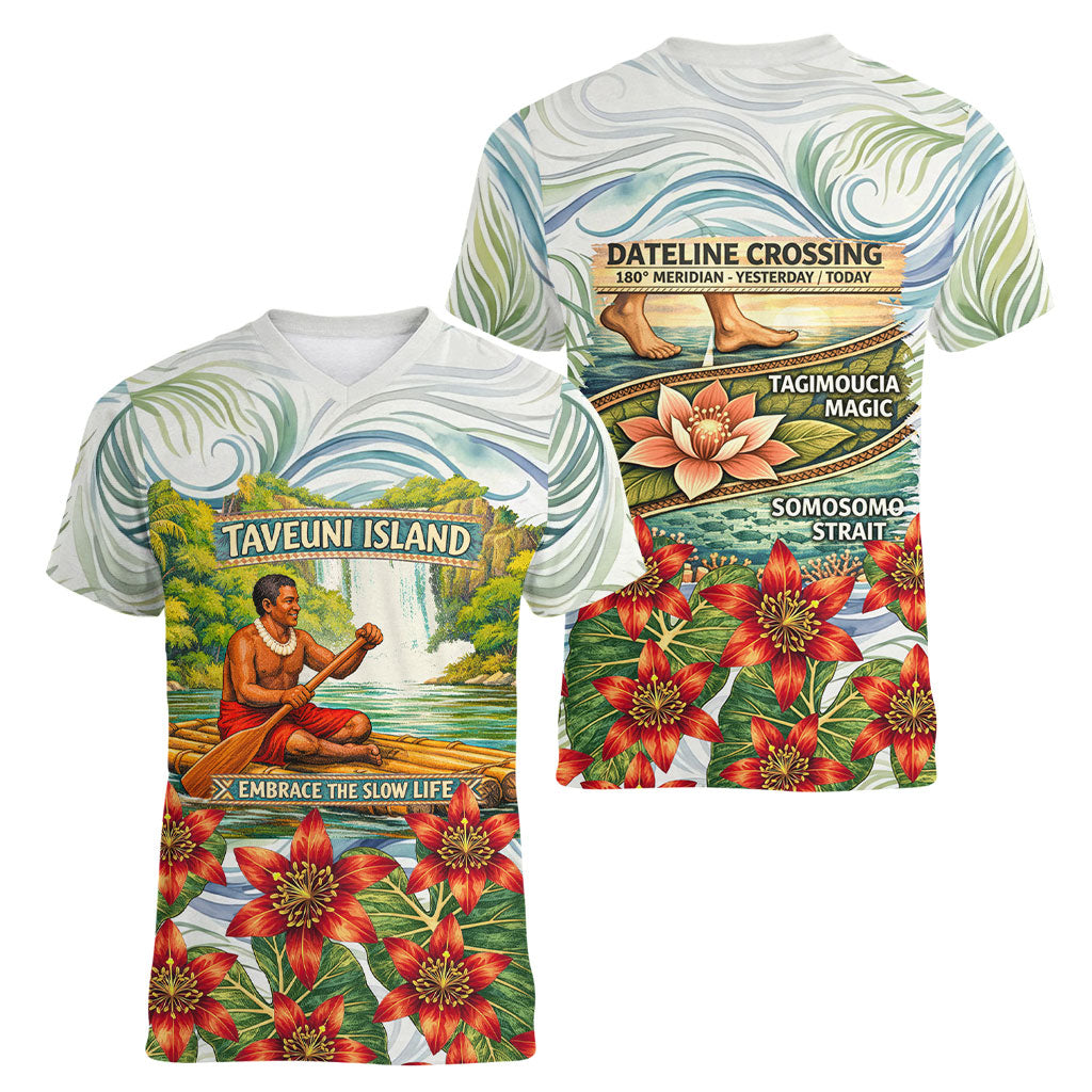 Fiji Taveuni Island Dateline Crossing Women V-Neck T-Shirt Tropical Cultural Landscape With Tagimoucia Floral Pattern TS04 - Polynesian Pride