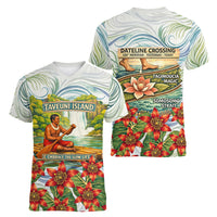 Fiji Taveuni Island Dateline Crossing Women V-Neck T-Shirt Tropical Cultural Landscape With Tagimoucia Floral Pattern TS04 - Polynesian Pride