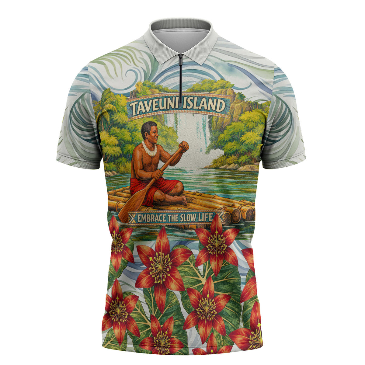 Fiji Taveuni Island Dateline Crossing Zipper Polo Shirt Tropical Cultural Landscape With Tagimoucia Floral Pattern TS04 White Green - Polynesian Pride