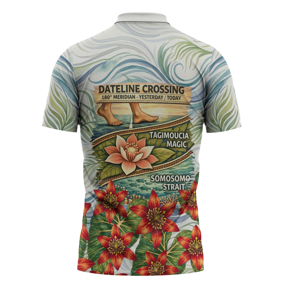 Fiji Taveuni Island Dateline Crossing Zipper Polo Shirt Tropical Cultural Landscape With Tagimoucia Floral Pattern TS04 - Polynesian Pride