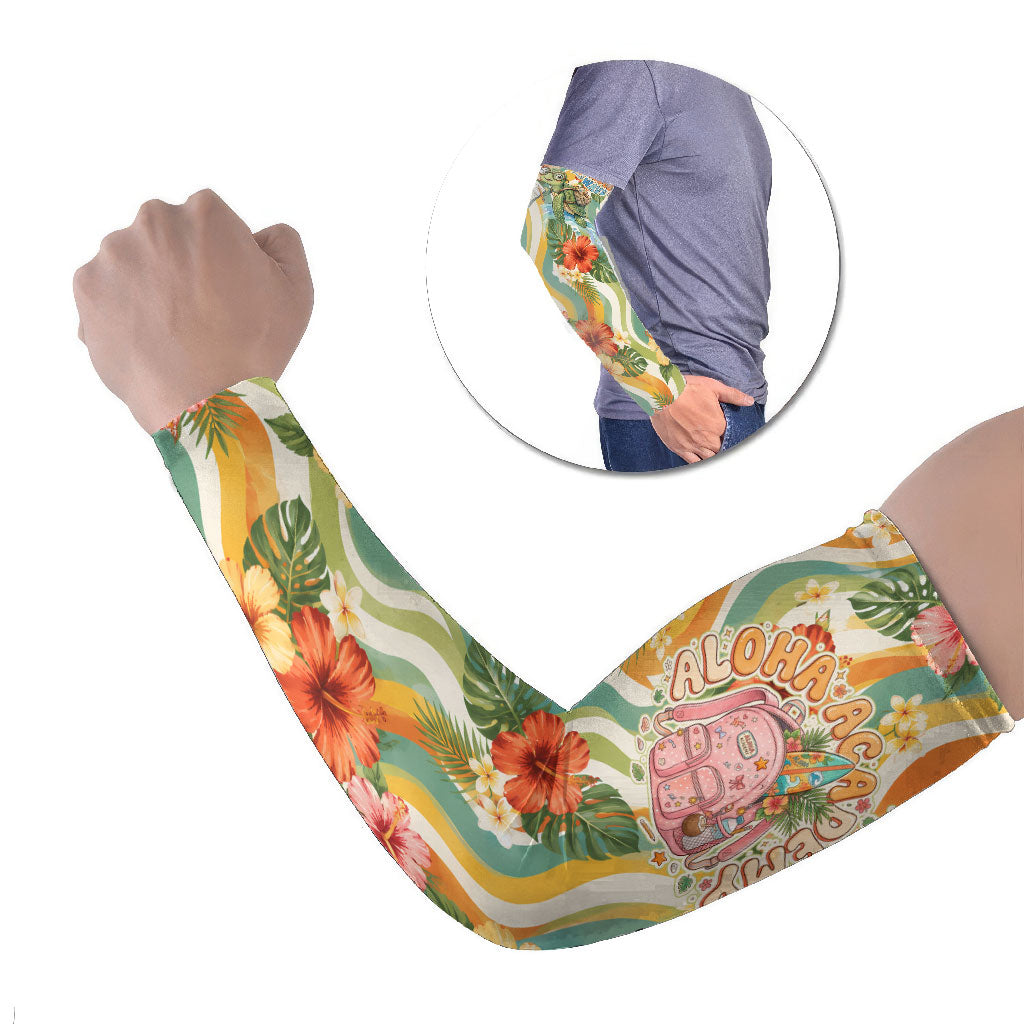 Hawaii Aloha Academy Back To School Arm Sleeves Sea Turtle Tropical Hibiscus Flowers Retro Psychedelic TS04 Set of 2 Orange Green - Polynesian Pride