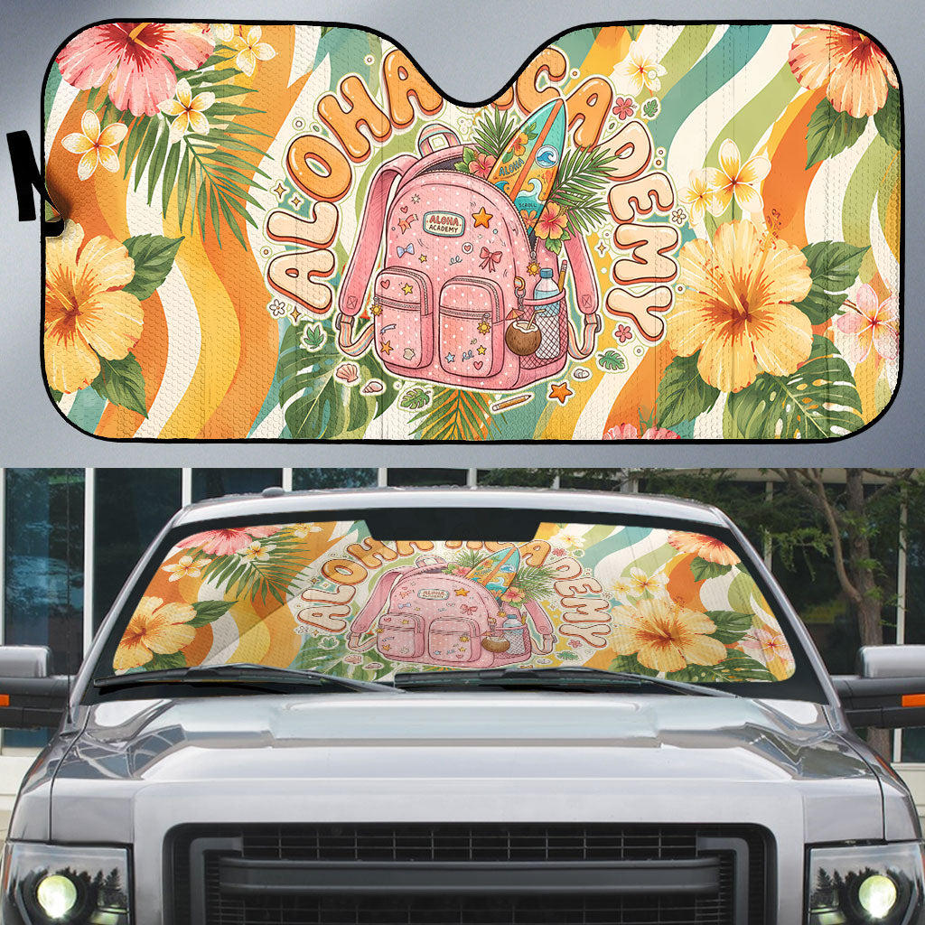 Hawaii Aloha Academy Back To School Auto Sun Shade Sea Turtle Tropical Hibiscus Flowers Retro Psychedelic TS04 Orange Green - Polynesian Pride