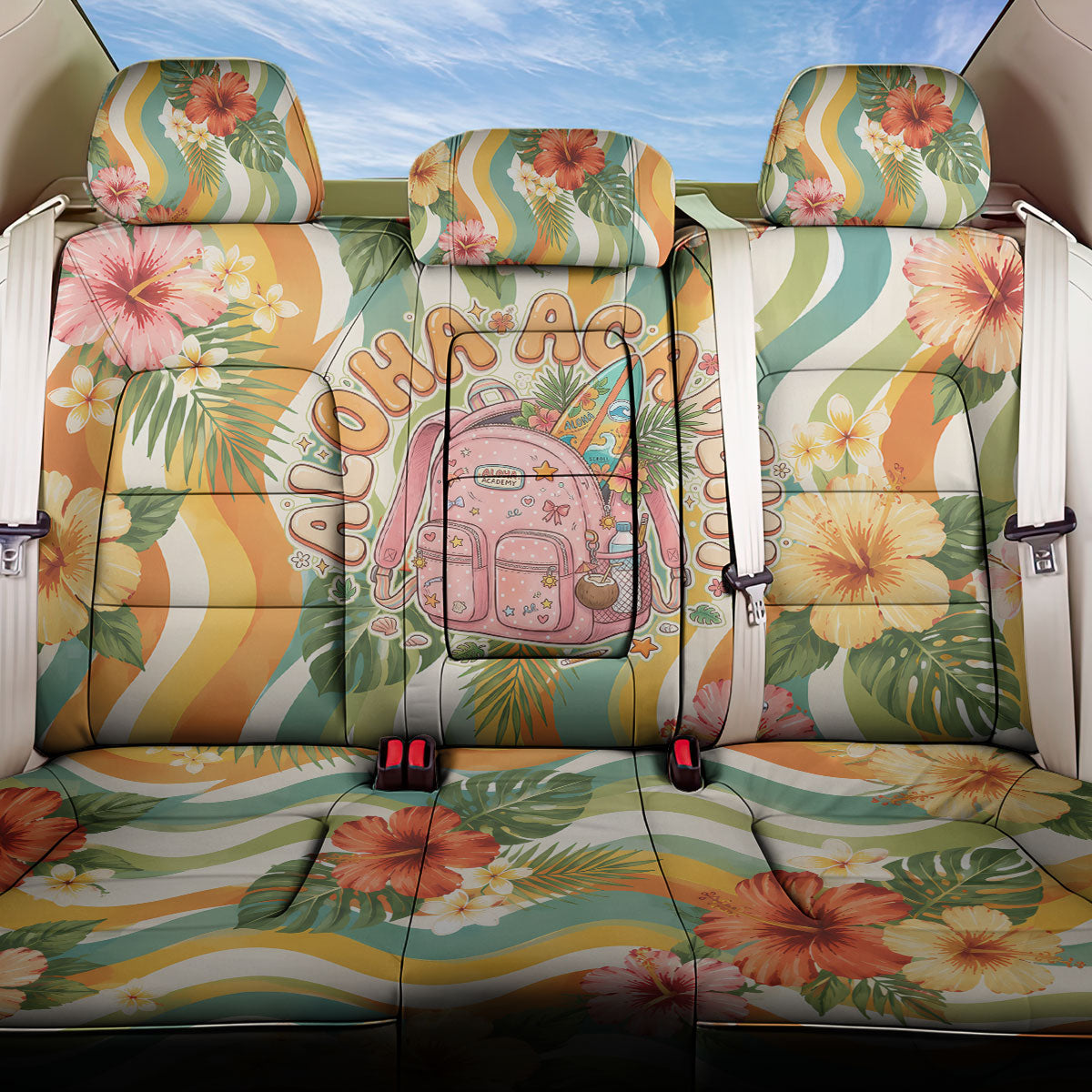 Hawaii Aloha Academy Back To School Back Car Seat Cover Sea Turtle Tropical Hibiscus Flowers Retro Psychedelic TS04 One Size Orange Green - Polynesian Pride