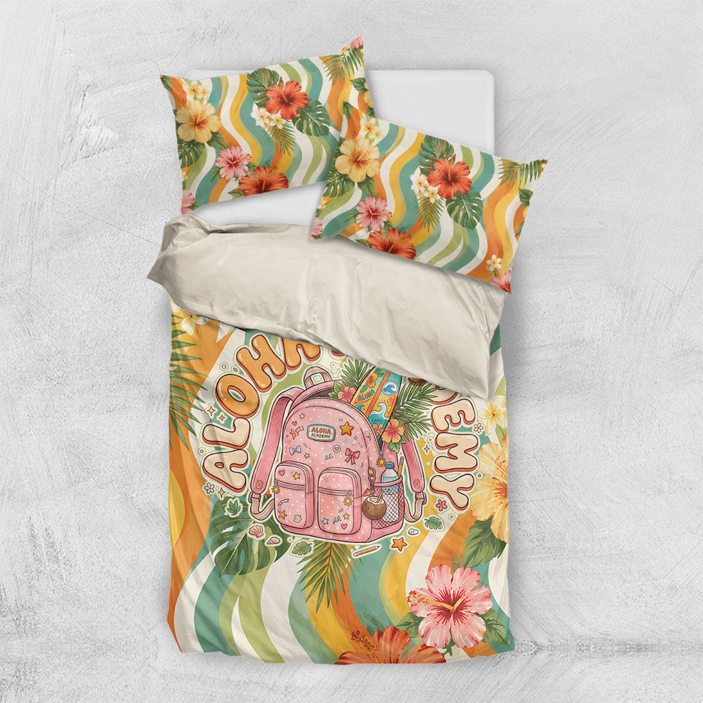 Hawaii Aloha Academy Back To School Bedding Set Sea Turtle Tropical Hibiscus Flowers Retro Psychedelic TS04 US Twin 172cm x 218cm Orange Green - Polynesian Pride