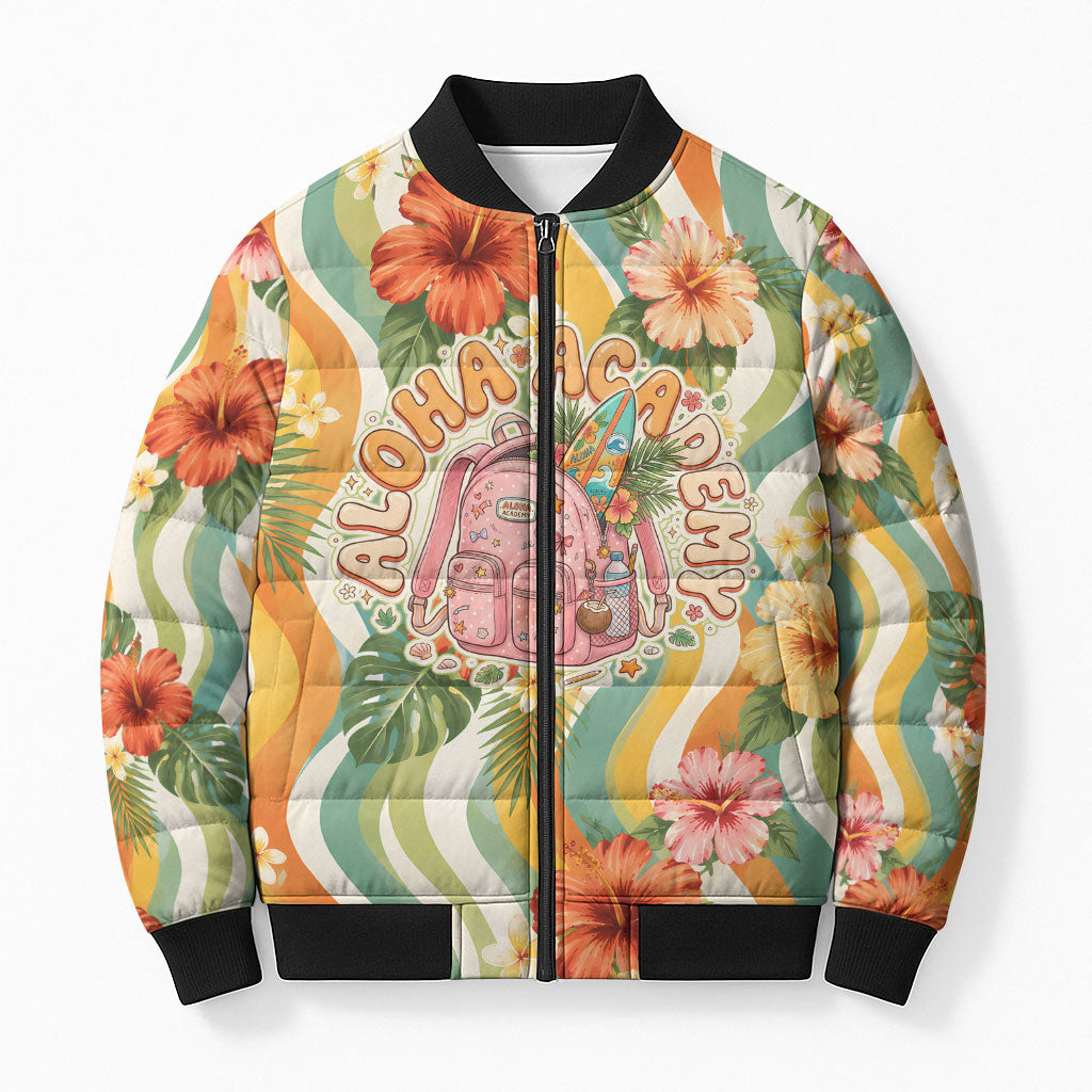 Hawaii Aloha Academy Back To School Bomber Puffer Jacket Sea Turtle Tropical Hibiscus Flowers Retro Psychedelic TS04 Unisex Orange Green - Polynesian Pride