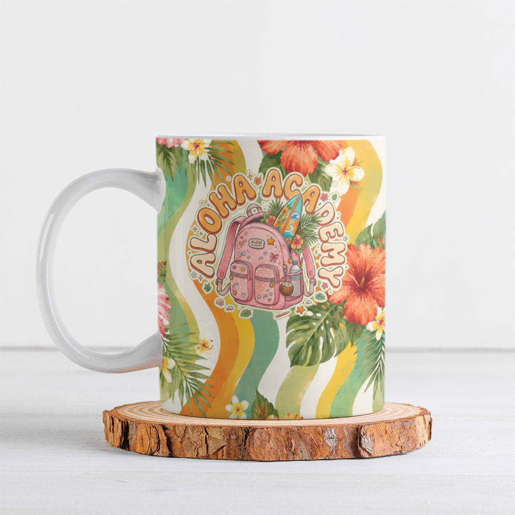 Hawaii Aloha Academy Back To School Ceramic Mug Sea Turtle Tropical Hibiscus Flowers Retro Psychedelic TS04 Orange Green - Polynesian Pride