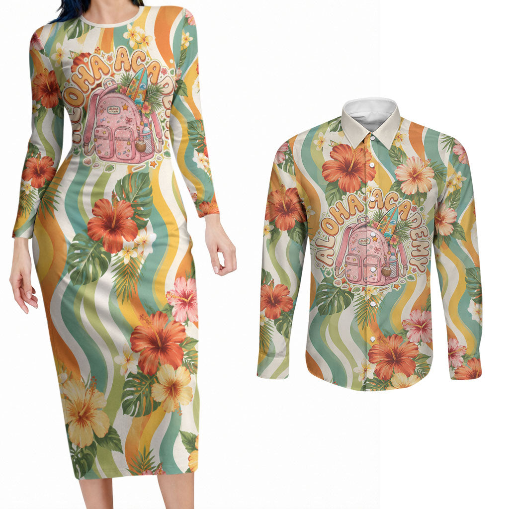 Hawaii Aloha Academy Back To School Couples Matching Long Sleeve Bodycon Dress and Long Sleeve Button Shirt Sea Turtle Tropical Hibiscus Flowers Retro Psychedelic TS04 Orange Green - Polynesian Pride