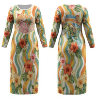 Hawaii Aloha Academy Back To School Couples Matching Long Sleeve Bodycon Dress and Long Sleeve Button Shirt Sea Turtle Tropical Hibiscus Flowers Retro Psychedelic TS04 - Polynesian Pride