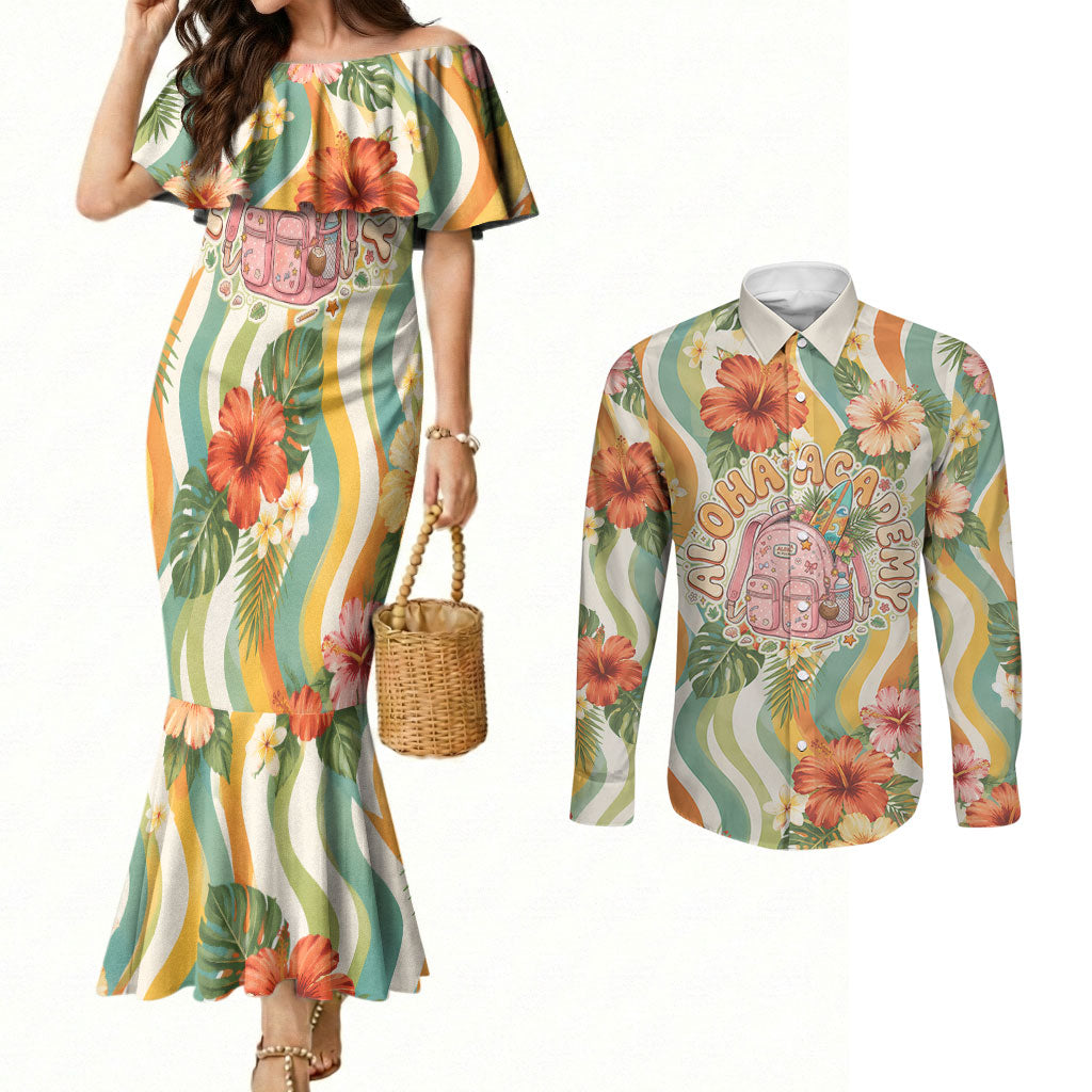 Hawaii Aloha Academy Back To School Couples Matching Mermaid Dress and Long Sleeve Button Shirt Sea Turtle Tropical Hibiscus Flowers Retro Psychedelic TS04 Orange Green - Polynesian Pride