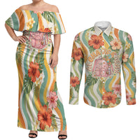 Hawaii Aloha Academy Back To School Couples Matching Off Shoulder Maxi Dress and Long Sleeve Button Shirt Sea Turtle Tropical Hibiscus Flowers Retro Psychedelic TS04 Orange Green - Polynesian Pride