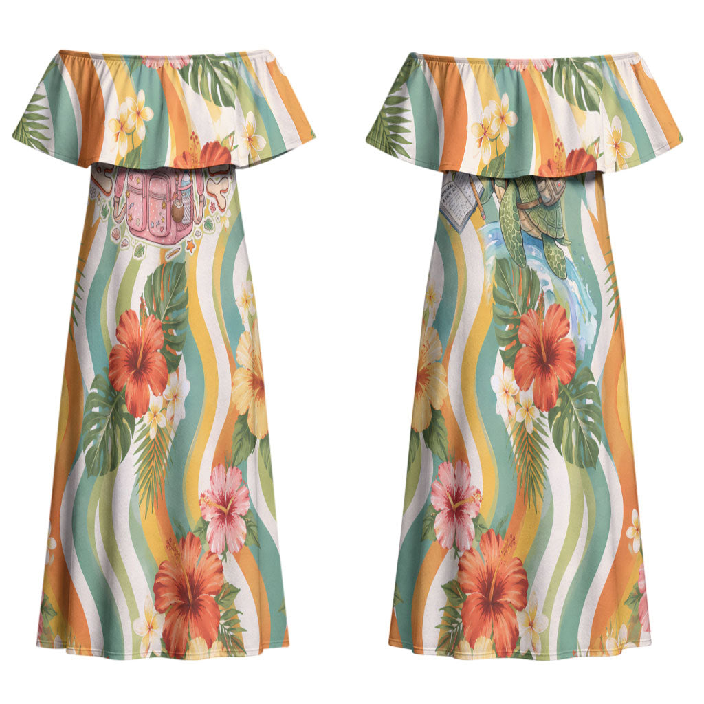 Hawaii Aloha Academy Back To School Couples Matching Off Shoulder Maxi Dress and Long Sleeve Button Shirt Sea Turtle Tropical Hibiscus Flowers Retro Psychedelic TS04 - Polynesian Pride