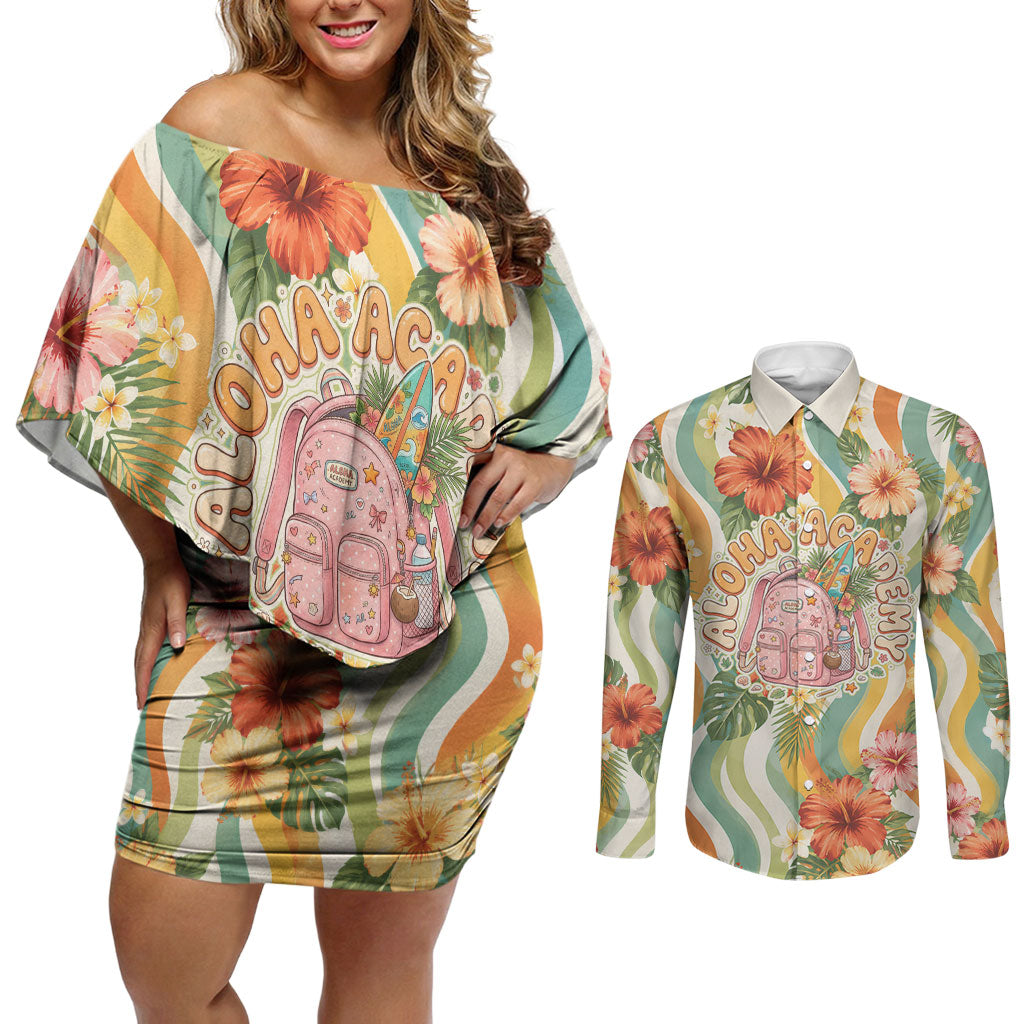 Hawaii Aloha Academy Back To School Couples Matching Off Shoulder Short Dress and Long Sleeve Button Shirt Sea Turtle Tropical Hibiscus Flowers Retro Psychedelic TS04 Orange Green - Polynesian Pride