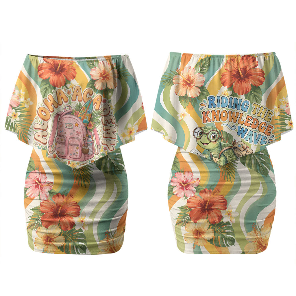 Hawaii Aloha Academy Back To School Couples Matching Off Shoulder Short Dress and Long Sleeve Button Shirt Sea Turtle Tropical Hibiscus Flowers Retro Psychedelic TS04 - Polynesian Pride