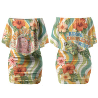 Hawaii Aloha Academy Back To School Couples Matching Off Shoulder Short Dress and Long Sleeve Button Shirt Sea Turtle Tropical Hibiscus Flowers Retro Psychedelic TS04 - Polynesian Pride