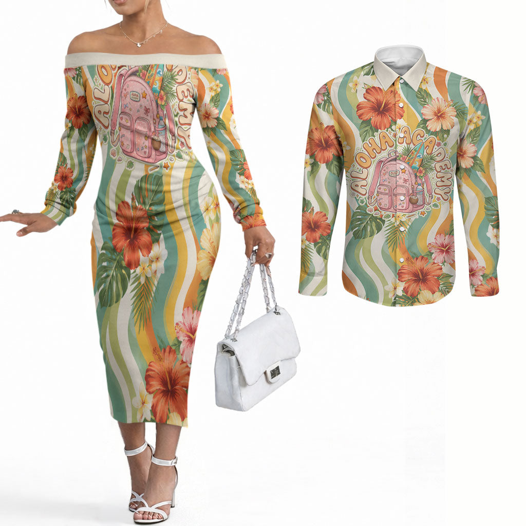 Hawaii Aloha Academy Back To School Couples Matching Off The Shoulder Long Sleeve Dress and Long Sleeve Button Shirt Sea Turtle Tropical Hibiscus Flowers Retro Psychedelic TS04 Orange Green - Polynesian Pride