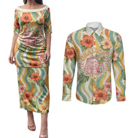 Hawaii Aloha Academy Back To School Couples Matching Puletasi and Long Sleeve Button Shirt Sea Turtle Tropical Hibiscus Flowers Retro Psychedelic TS04 Orange Green - Polynesian Pride