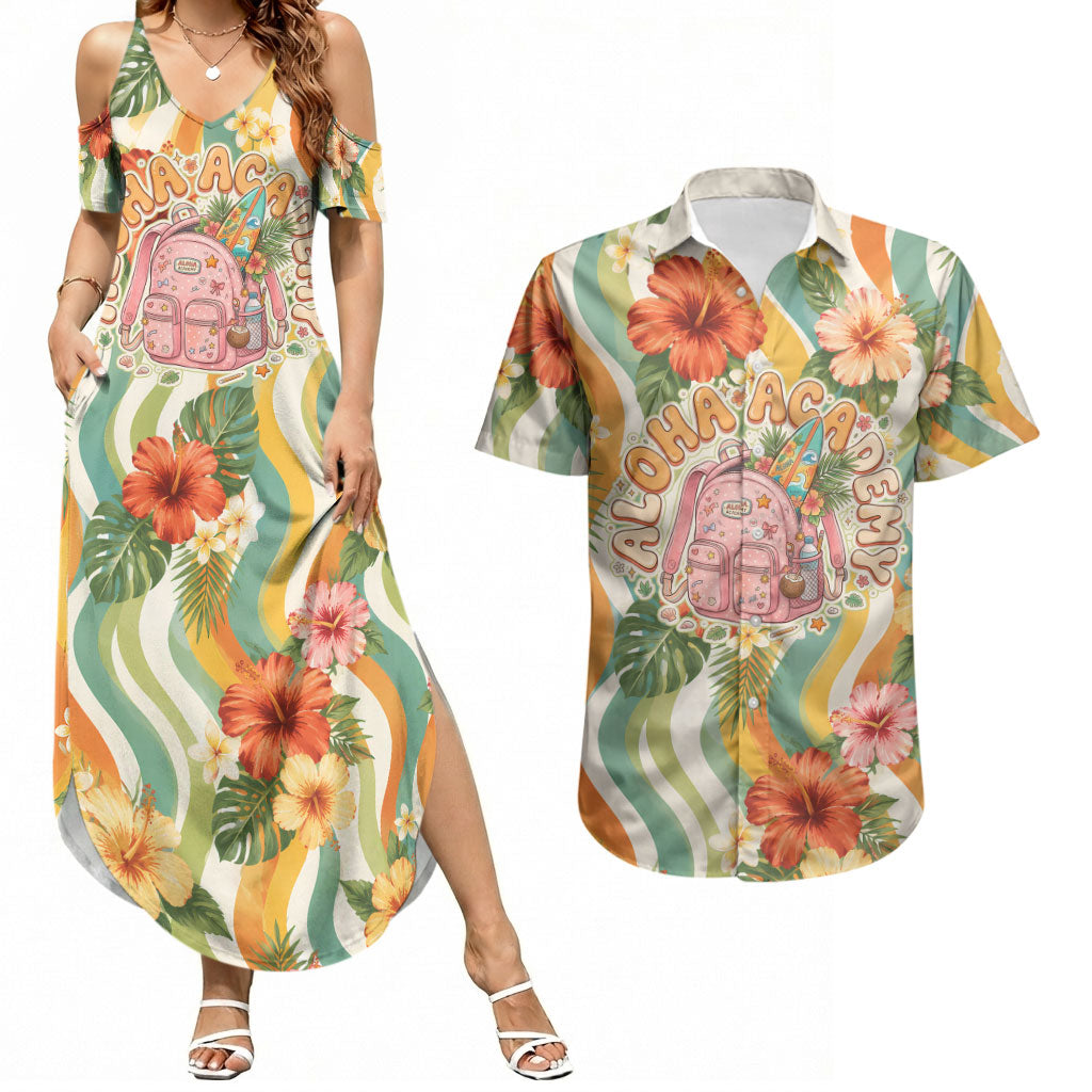 Hawaii Aloha Academy Back To School Couples Matching Summer Maxi Dress and Hawaiian Shirt Sea Turtle Tropical Hibiscus Flowers Retro Psychedelic TS04 Orange Green - Polynesian Pride