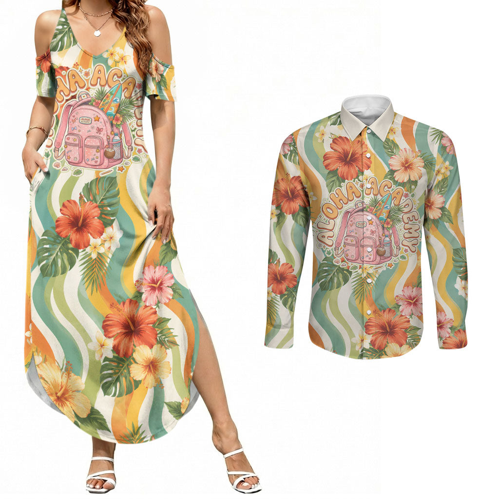 Hawaii Aloha Academy Back To School Couples Matching Summer Maxi Dress and Long Sleeve Button Shirt Sea Turtle Tropical Hibiscus Flowers Retro Psychedelic TS04 Orange Green - Polynesian Pride