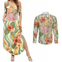 Hawaii Aloha Academy Back To School Couples Matching Summer Maxi Dress and Long Sleeve Button Shirt Sea Turtle Tropical Hibiscus Flowers Retro Psychedelic TS04 Orange Green - Polynesian Pride