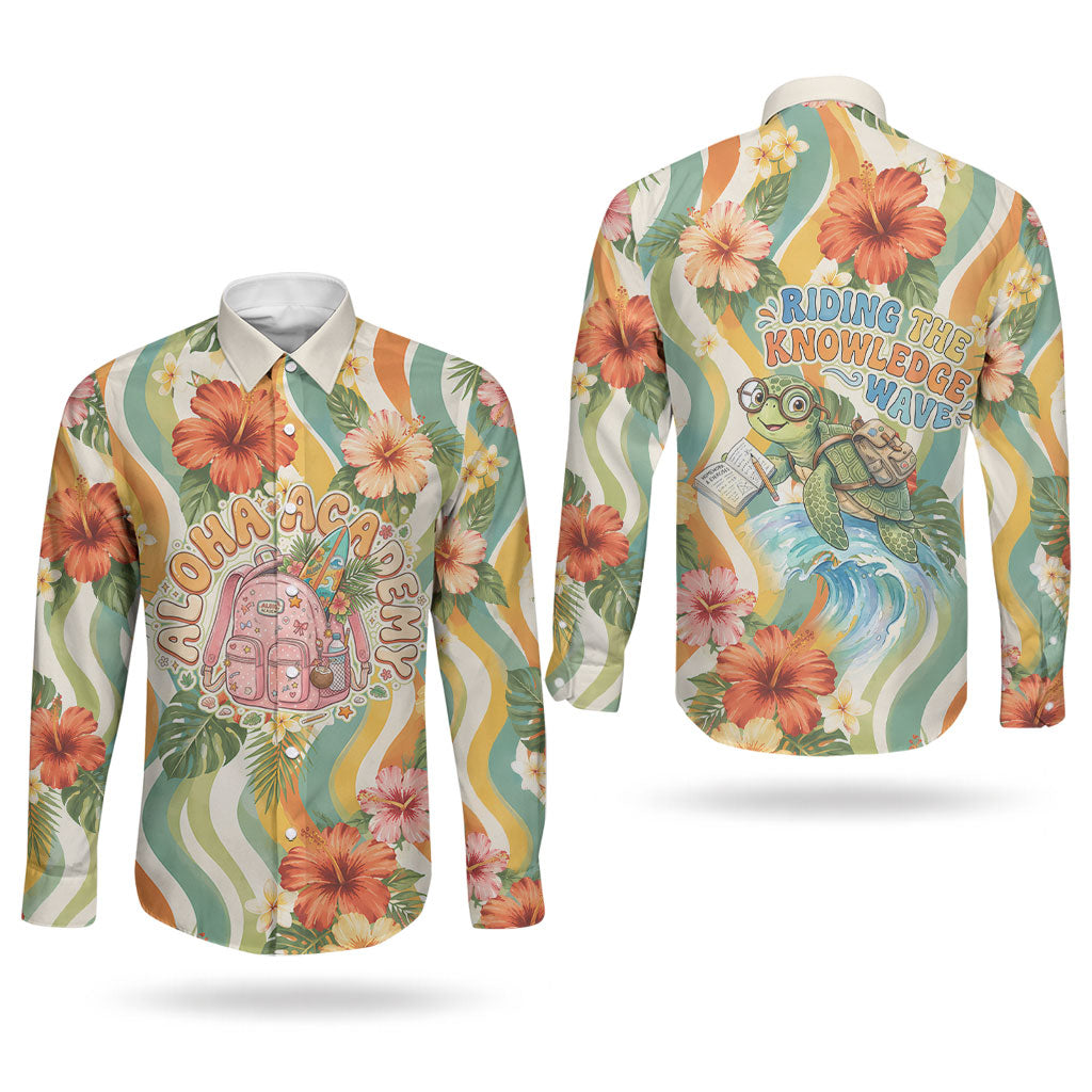 Hawaii Aloha Academy Back To School Couples Matching Summer Maxi Dress and Long Sleeve Button Shirt Sea Turtle Tropical Hibiscus Flowers Retro Psychedelic TS04 - Polynesian Pride