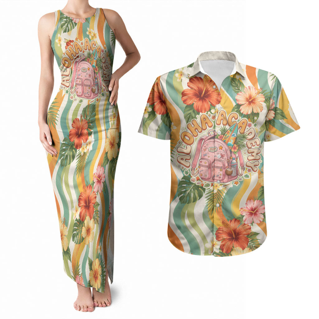 Hawaii Aloha Academy Back To School Couples Matching Tank Maxi Dress and Hawaiian Shirt Sea Turtle Tropical Hibiscus Flowers Retro Psychedelic TS04 Orange Green - Polynesian Pride