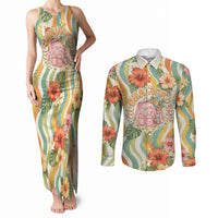 Hawaii Aloha Academy Back To School Couples Matching Tank Maxi Dress and Long Sleeve Button Shirt Sea Turtle Tropical Hibiscus Flowers Retro Psychedelic TS04 Orange Green - Polynesian Pride