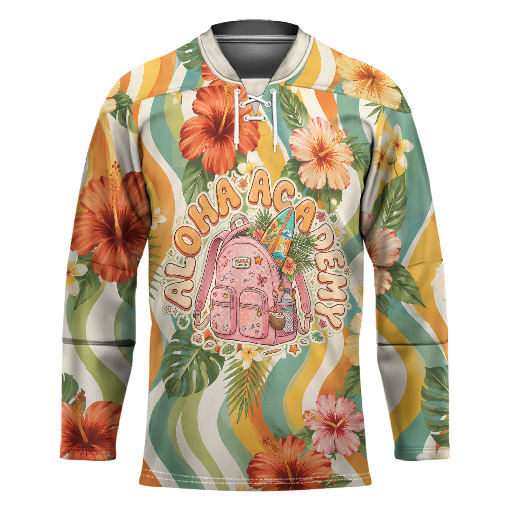 Hawaii Aloha Academy Back To School Hockey Jersey Sea Turtle Tropical Hibiscus Flowers Retro Psychedelic TS04 Unisex Orange Green - Polynesian Pride