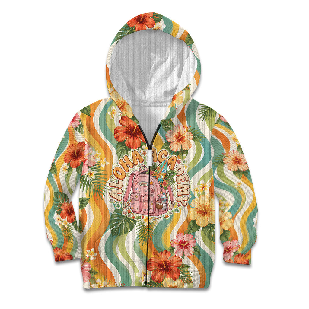 Hawaii Aloha Academy Back To School Kid Hoodie Sea Turtle Tropical Hibiscus Flowers Retro Psychedelic TS04 Zip Hoodie Orange Green - Polynesian Pride