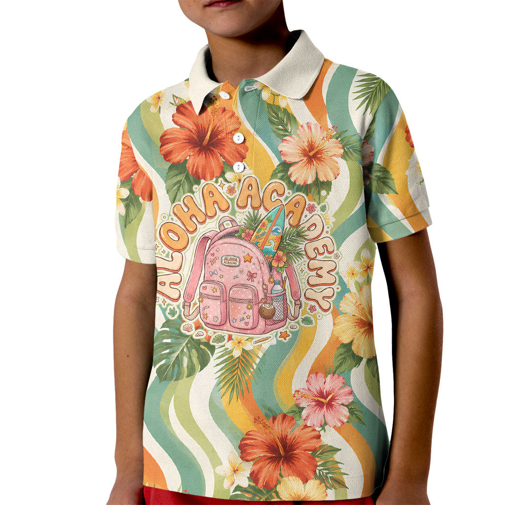 Hawaii Aloha Academy Back To School Kid Polo Shirt Sea Turtle Tropical Hibiscus Flowers Retro Psychedelic TS04 Kid Orange Green - Polynesian Pride