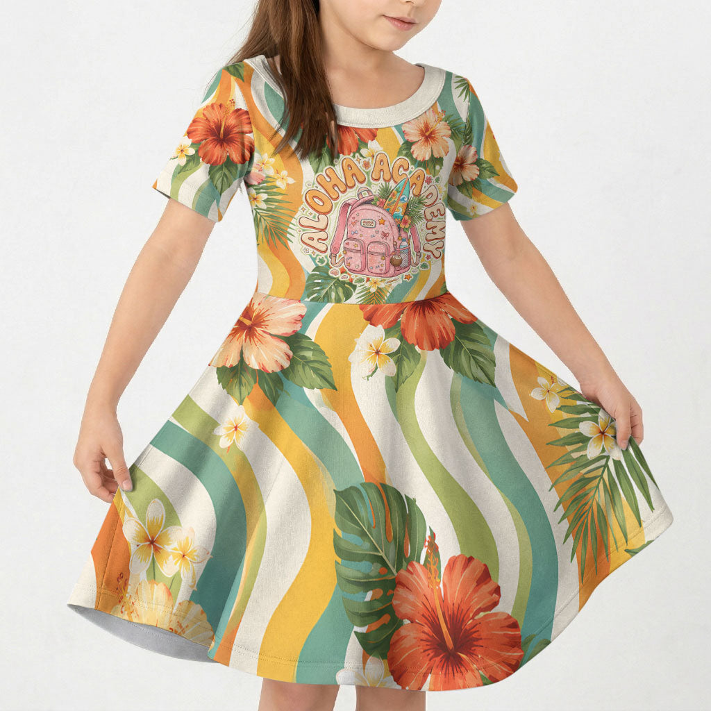 Hawaii Aloha Academy Back To School Kid Short Sleeve Dress Sea Turtle Tropical Hibiscus Flowers Retro Psychedelic TS04 KID Orange Green - Polynesian Pride