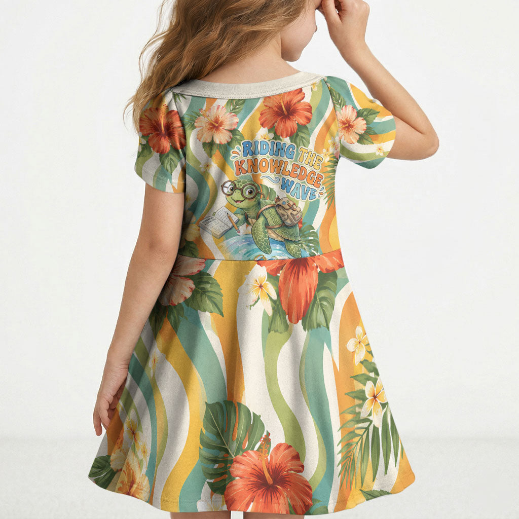 Hawaii Aloha Academy Back To School Kid Short Sleeve Dress Sea Turtle Tropical Hibiscus Flowers Retro Psychedelic TS04 - Polynesian Pride
