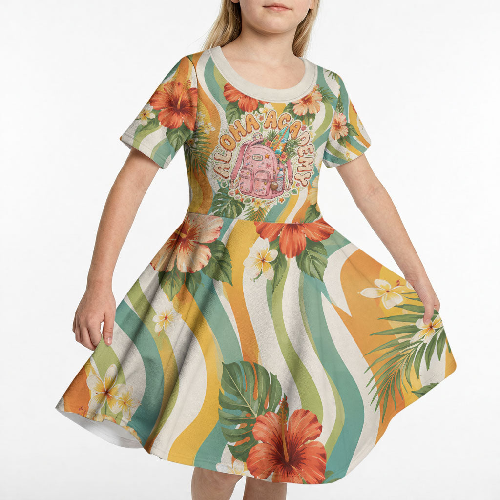 Hawaii Aloha Academy Back To School Kid Short Sleeve Dress Sea Turtle Tropical Hibiscus Flowers Retro Psychedelic TS04 - Polynesian Pride