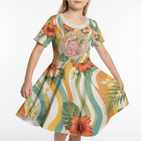 Hawaii Aloha Academy Back To School Kid Short Sleeve Dress Sea Turtle Tropical Hibiscus Flowers Retro Psychedelic TS04 - Polynesian Pride