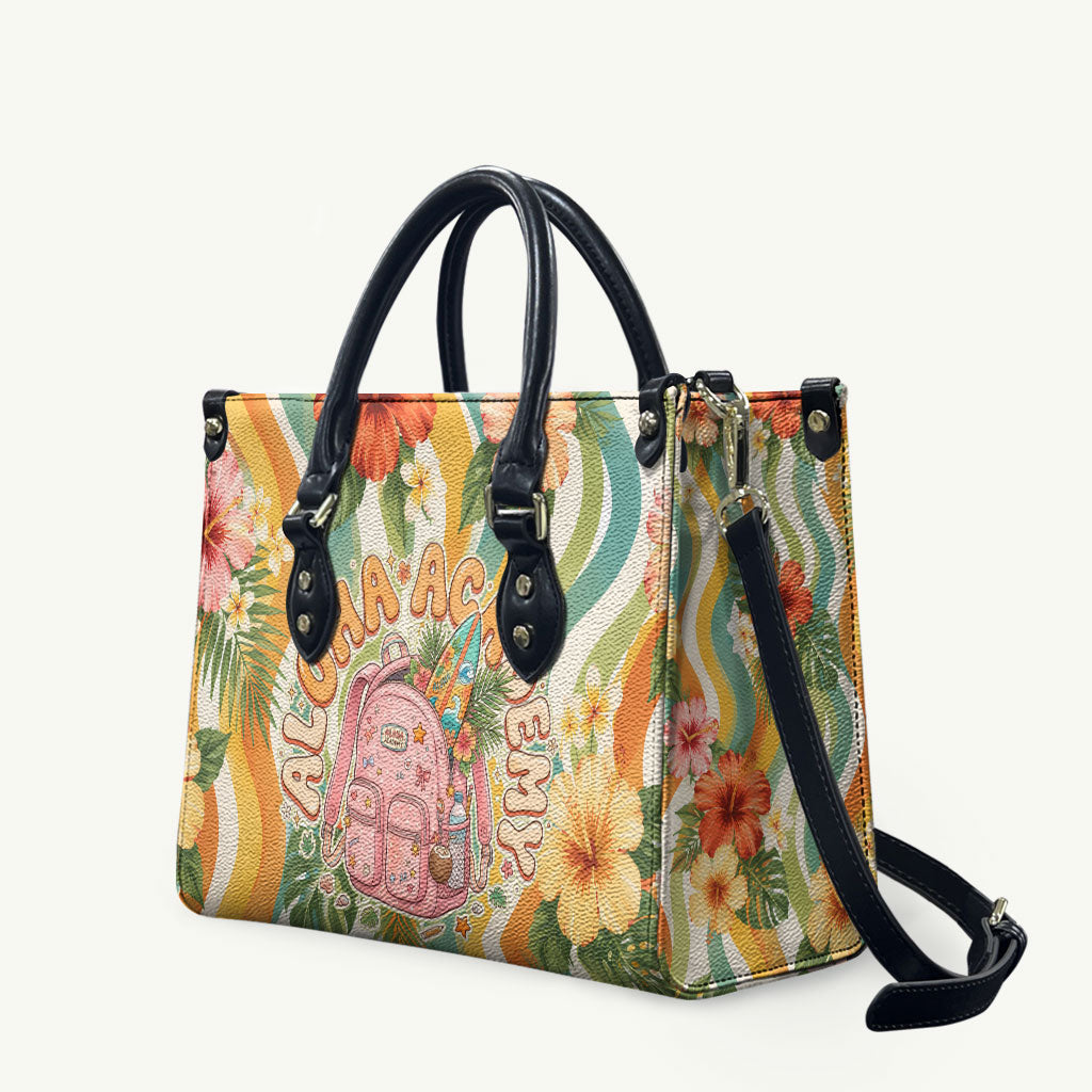 Hawaii Aloha Academy Back To School Leather Bag Sea Turtle Tropical Hibiscus Flowers Retro Psychedelic TS04 Orange Green - Polynesian Pride