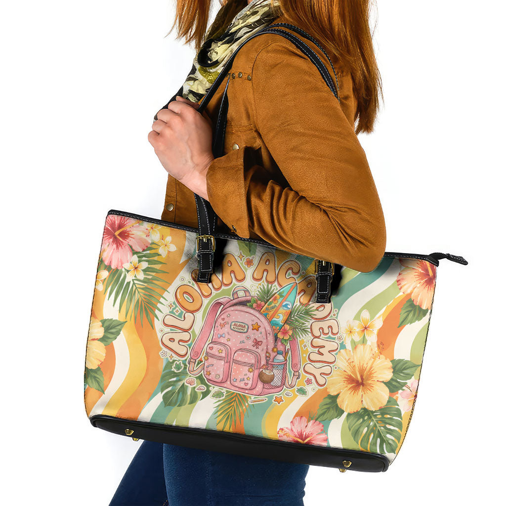 Hawaii Aloha Academy Back To School Leather Tote Bag Sea Turtle Tropical Hibiscus Flowers Retro Psychedelic TS04 Orange Green - Polynesian Pride