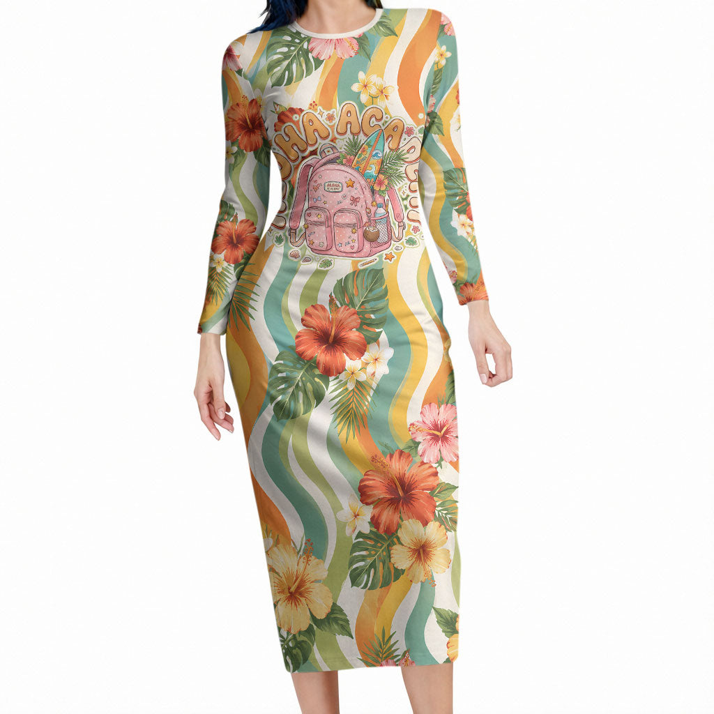 Hawaii Aloha Academy Back To School Long Sleeve Bodycon Dress Sea Turtle Tropical Hibiscus Flowers Retro Psychedelic TS04 Long Dress Orange Green - Polynesian Pride