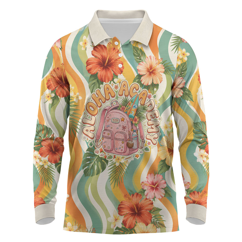 Hawaii Aloha Academy Back To School Long Sleeve Polo Shirt Sea Turtle Tropical Hibiscus Flowers Retro Psychedelic TS04 Orange Green - Polynesian Pride