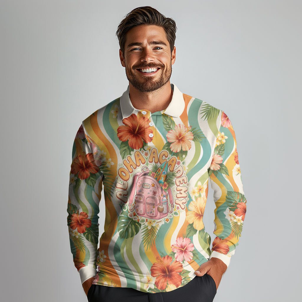Hawaii Aloha Academy Back To School Long Sleeve Polo Shirt Sea Turtle Tropical Hibiscus Flowers Retro Psychedelic TS04 - Polynesian Pride