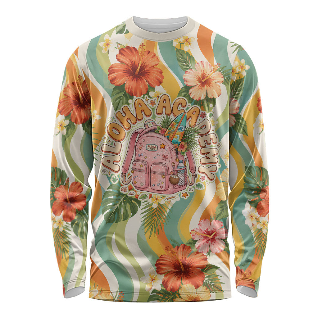 Hawaii Aloha Academy Back To School Long Sleeve Shirt Sea Turtle Tropical Hibiscus Flowers Retro Psychedelic TS04 Unisex Orange Green - Polynesian Pride