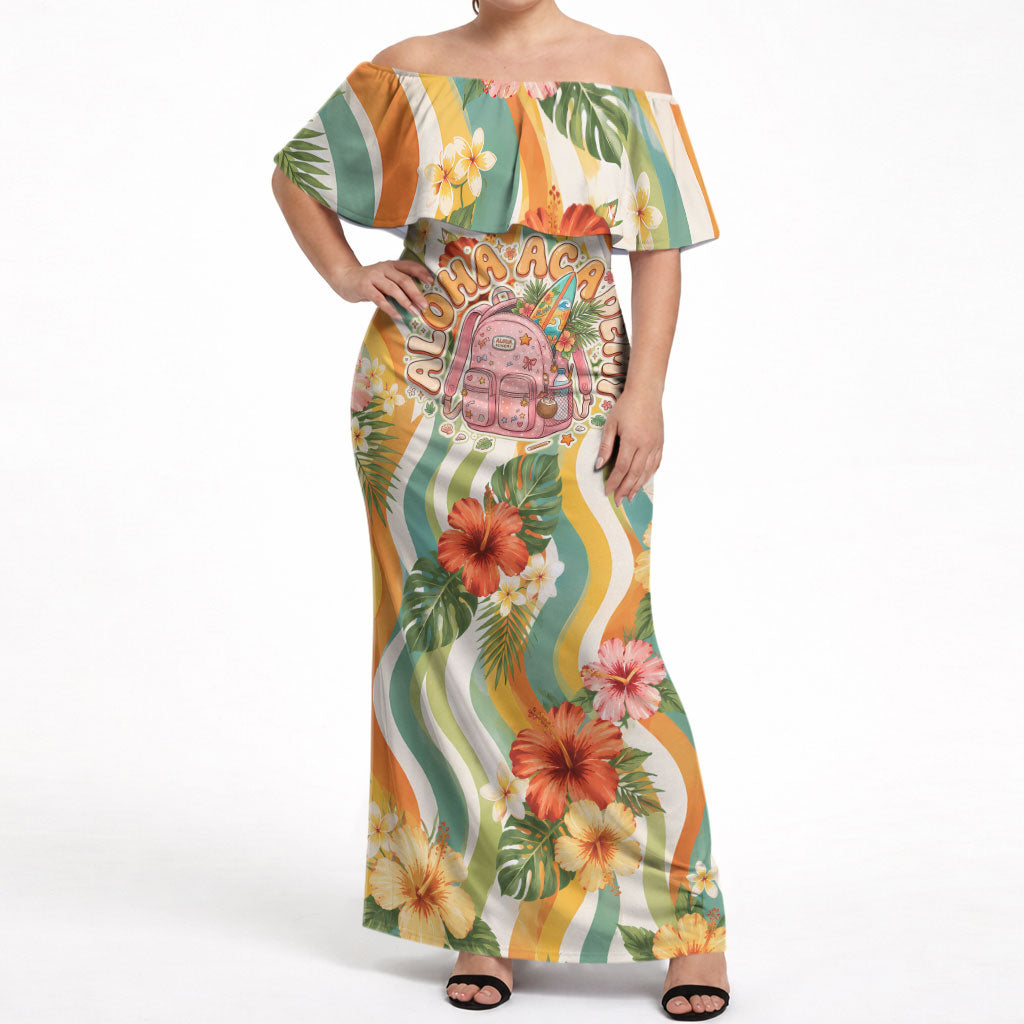 Hawaii Aloha Academy Back To School Off Shoulder Maxi Dress Sea Turtle Tropical Hibiscus Flowers Retro Psychedelic TS04 Women Orange Green - Polynesian Pride