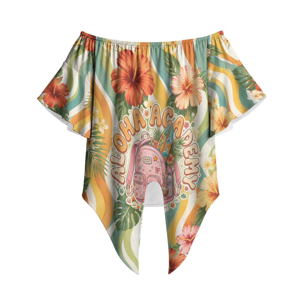 Hawaii Aloha Academy Back To School Off Shoulder Wrap Waist Top Sea Turtle Tropical Hibiscus Flowers Retro Psychedelic TS04 Orange Green - Polynesian Pride