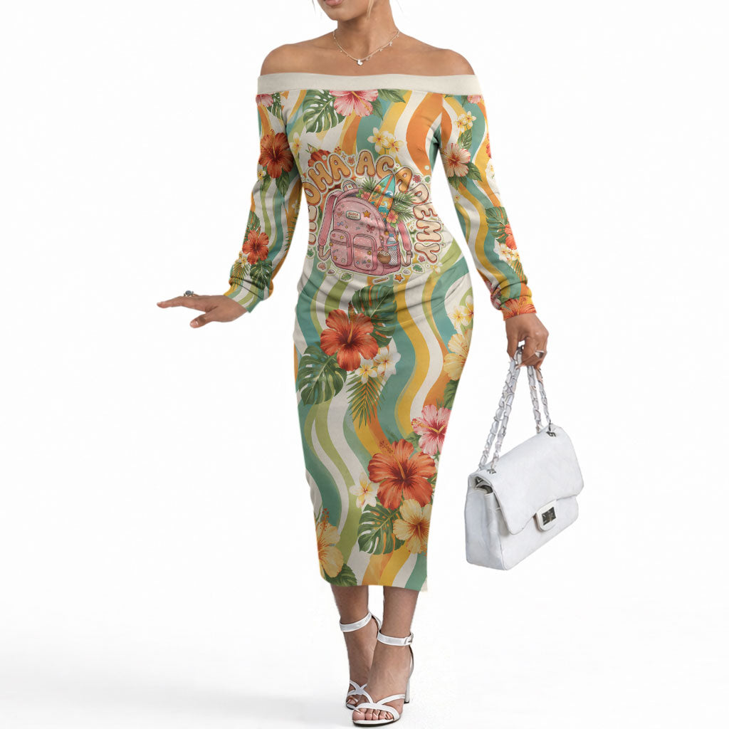 Hawaii Aloha Academy Back To School Off The Shoulder Long Sleeve Dress Sea Turtle Tropical Hibiscus Flowers Retro Psychedelic TS04 Women Orange Green - Polynesian Pride