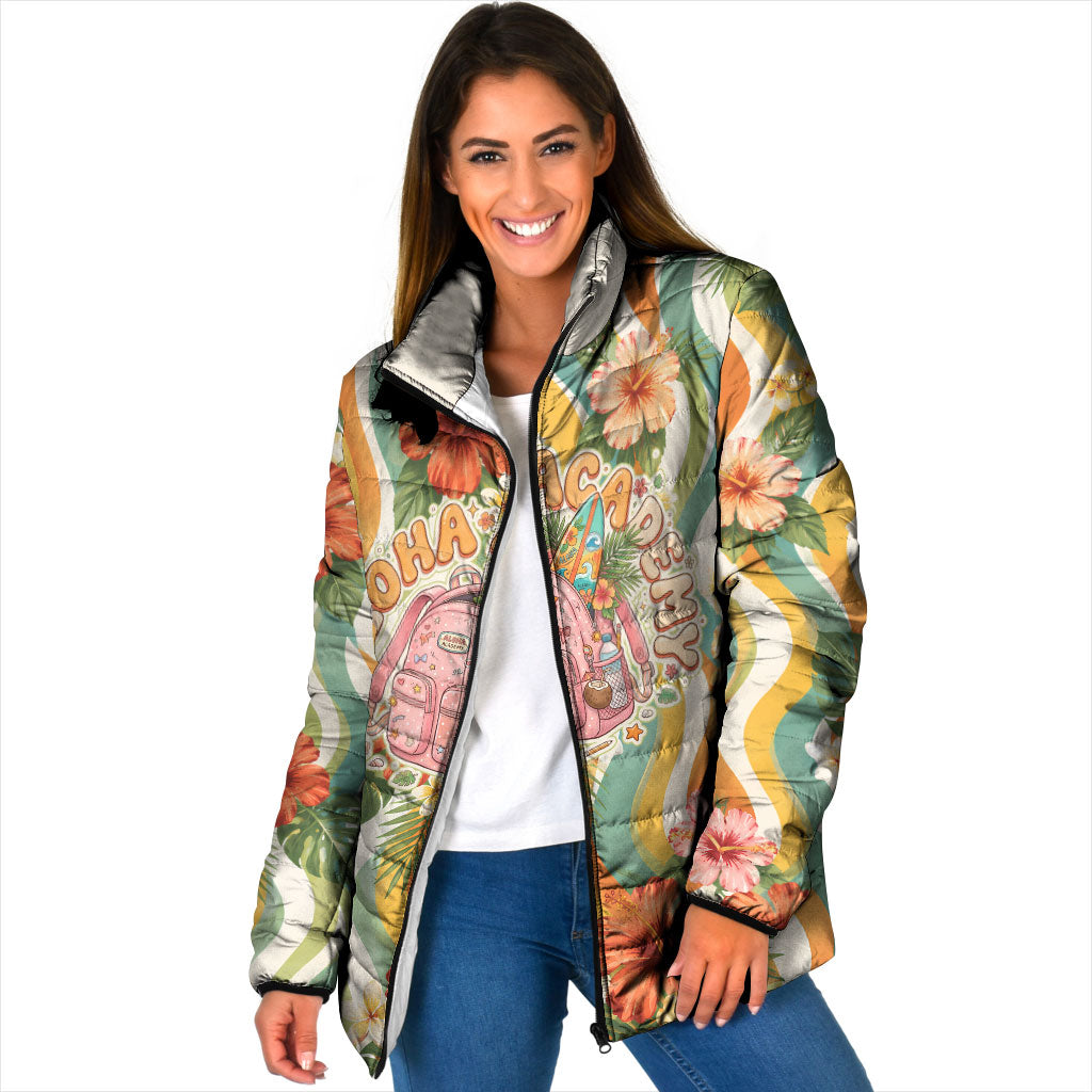 Hawaii Aloha Academy Back To School Padded Jacket Sea Turtle Tropical Hibiscus Flowers Retro Psychedelic TS04 Women Orange Green - Polynesian Pride