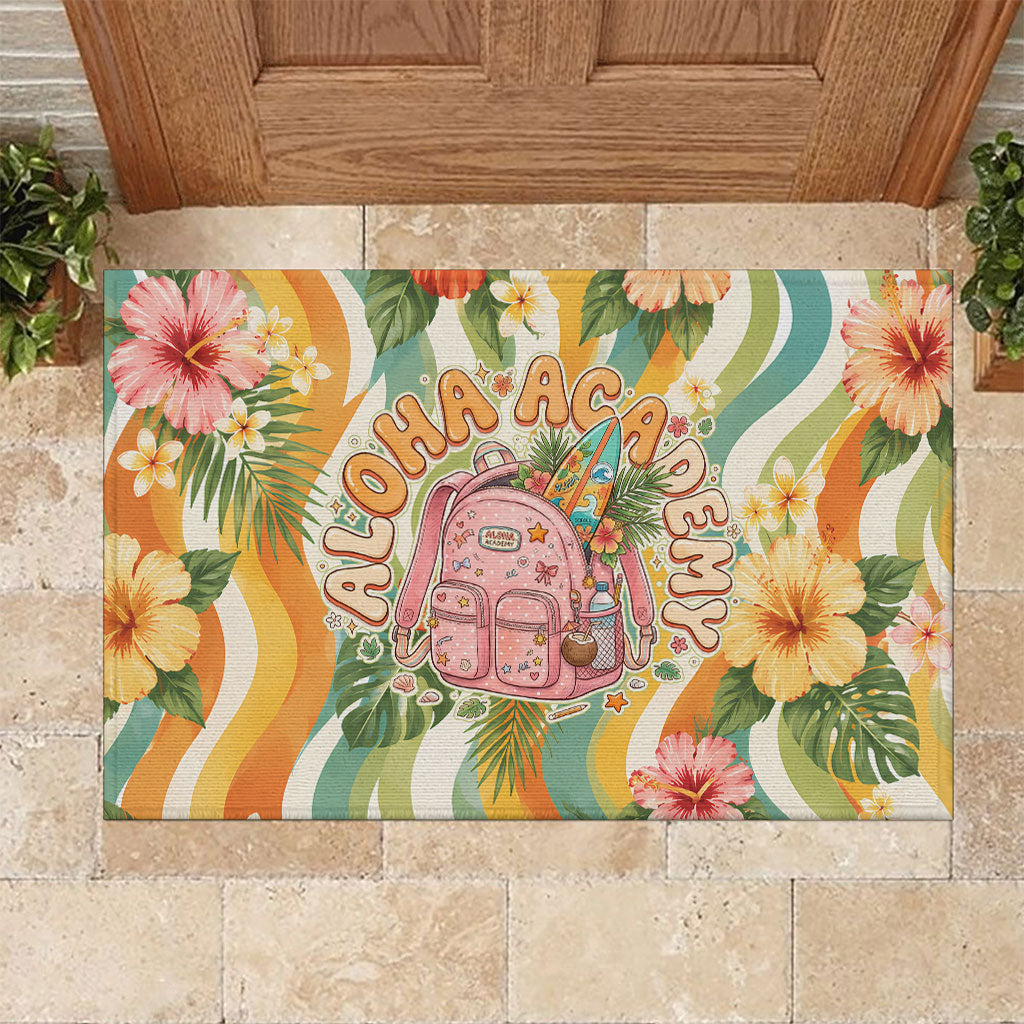 Hawaii Aloha Academy Back To School Rubber Doormat Sea Turtle Tropical Hibiscus Flowers Retro Psychedelic TS04 Orange Green - Polynesian Pride