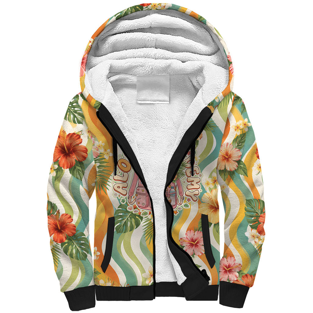 Hawaii Aloha Academy Back To School Sherpa Hoodie Sea Turtle Tropical Hibiscus Flowers Retro Psychedelic TS04 Unisex Orange Green - Polynesian Pride
