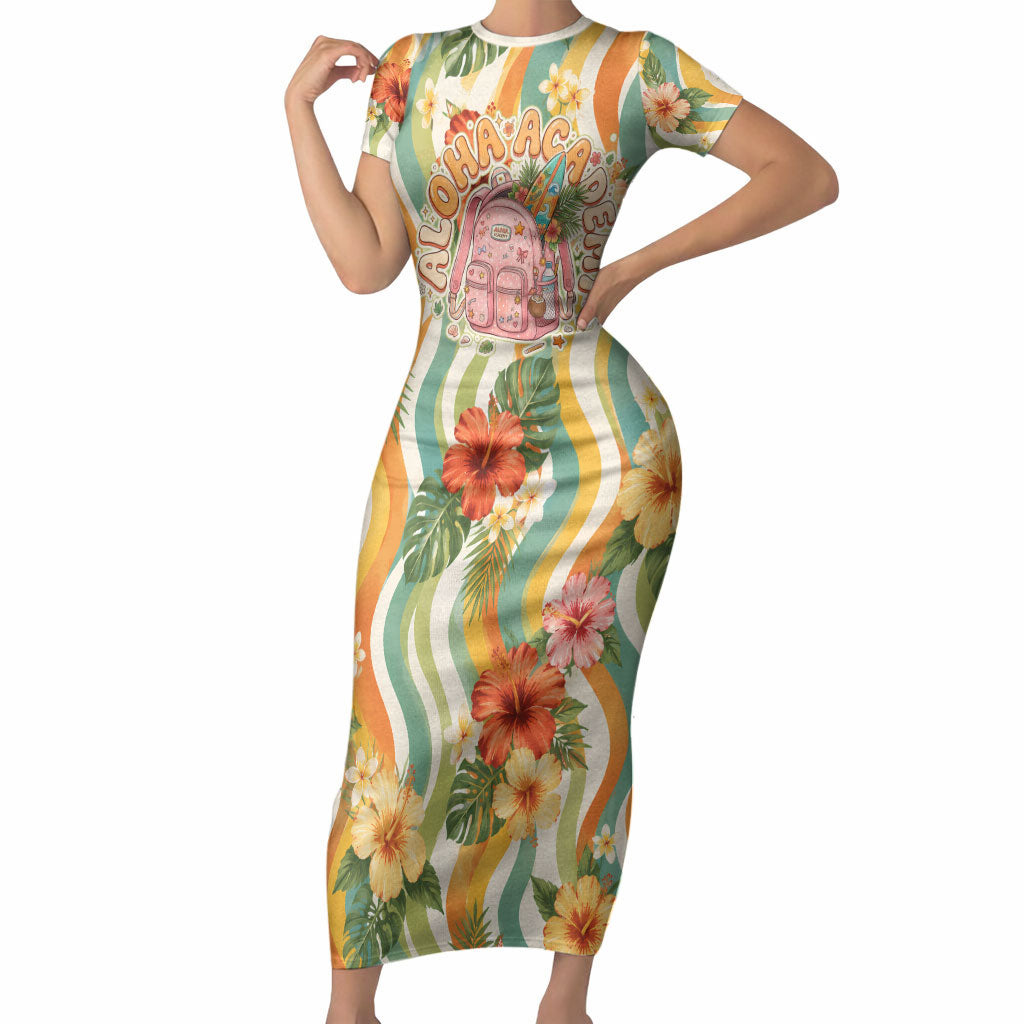 Hawaii Aloha Academy Back To School Short Sleeve Bodycon Dress Sea Turtle Tropical Hibiscus Flowers Retro Psychedelic TS04 Long Dress Orange Green - Polynesian Pride