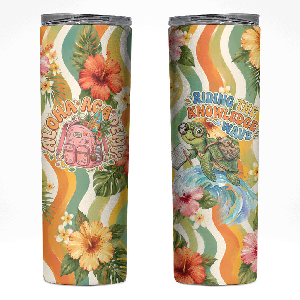 Hawaii Aloha Academy Back To School Skinny Tumbler Sea Turtle Tropical Hibiscus Flowers Retro Psychedelic TS04 Orange Green - Polynesian Pride