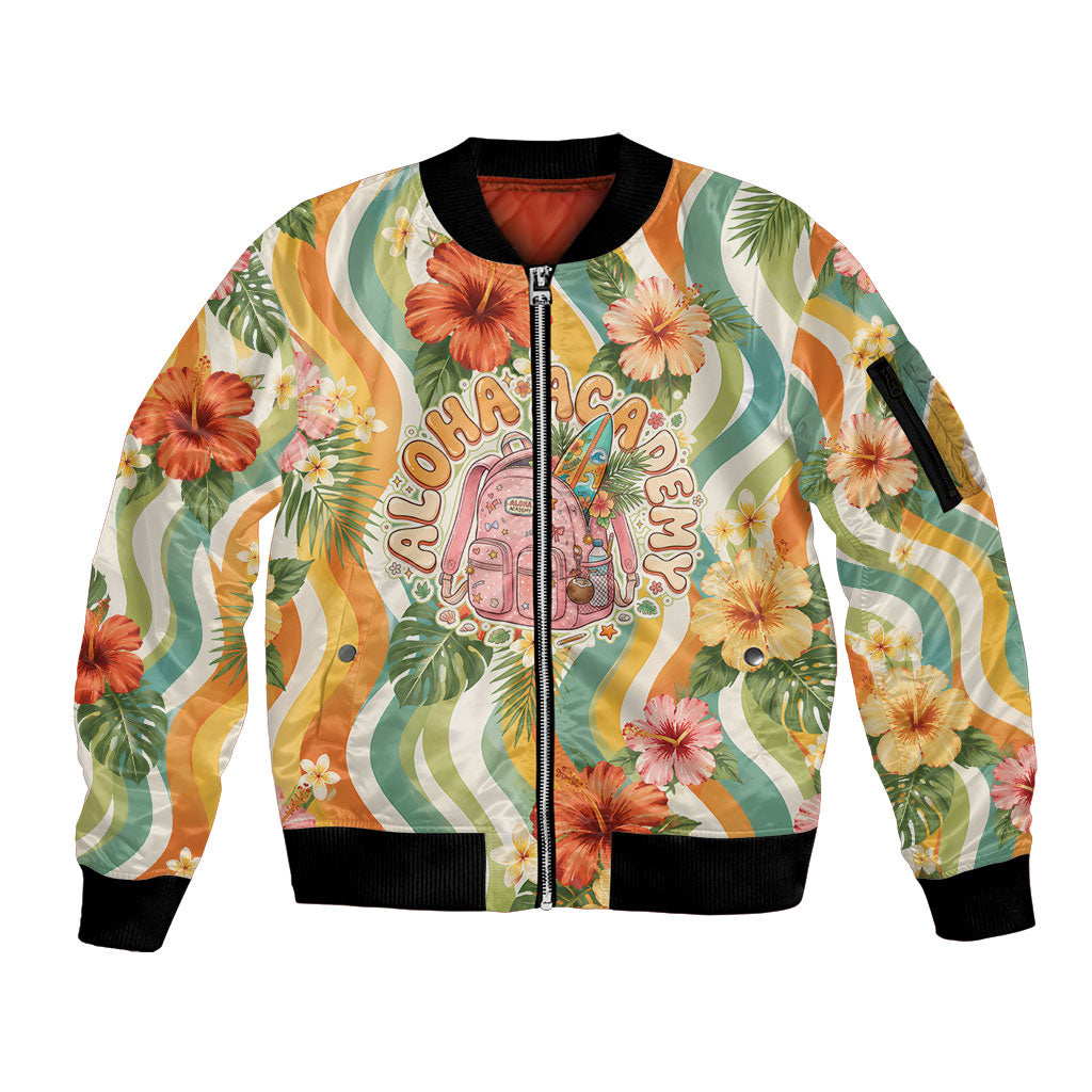 Hawaii Aloha Academy Back To School Sleeve Zip Bomber Jacket Sea Turtle Tropical Hibiscus Flowers Retro Psychedelic TS04 Unisex Orange Green - Polynesian Pride
